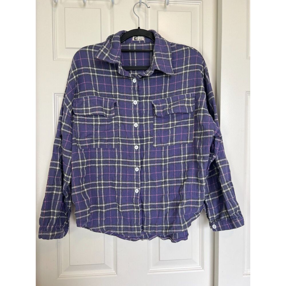 Women's Purple Plaid Flannel Button Down Long Sleeve Top